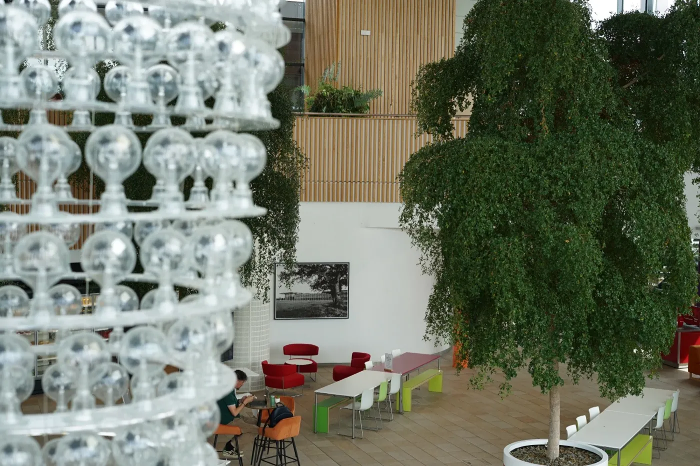 College atrium with study and seating spaces